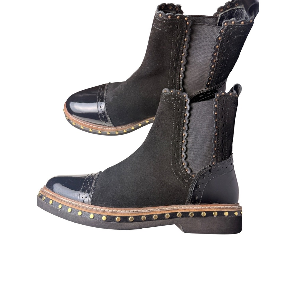 Free People Black Suede Patent Leather Studded Scalloped Chelsea Boots 38.5 - Picture 3 of 6